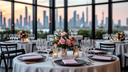 Chic Urban Wedding Venue with Stunning City Skyline View, High resolution wedding venue concept.