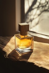 A perfume bottle with a wooden cap placed on a textured surface, illuminated by soft lighting, offering a sleek and modern aesthetic