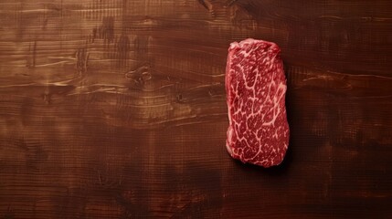Delectable Steak on Wood: A close-up shot showcases a mouthwatering cut of raw steak, its rich red color and marbling evident against a textured, rustic wood surface.