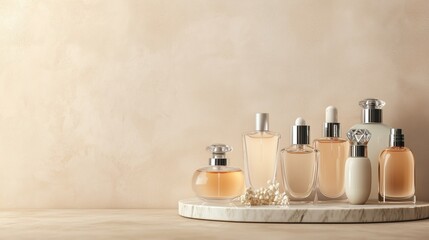 A stylish arrangement of several perfume bottles on a white marble tray, illuminated by soft natural light