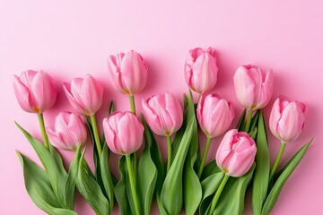 Fototapeta premium Charming spring bouquet of pink tulips on soft pink background for celebrations and special days