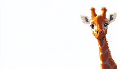 Fototapeta premium Cheerful cartoon giraffe with bright eyes against a minimalist white background, ideal for children's media