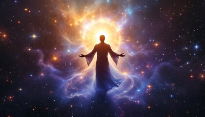 Naklejka premium Celestial Ascension: A Spiritual Journey into the Cosmos