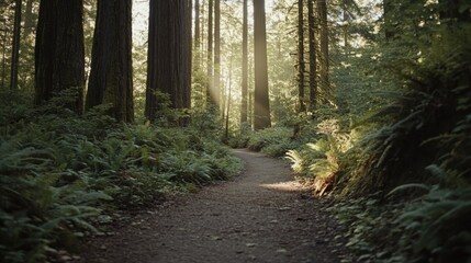 Obraz premium Video generation of a serene forest with sunlight filtering through trees and a quiet trail. Featuring peace and nature