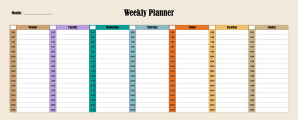 Weekly colorful planner, time management. Vector design.