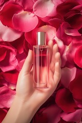 A bottle of perfume surrounded by bright rose petals in soft lighting