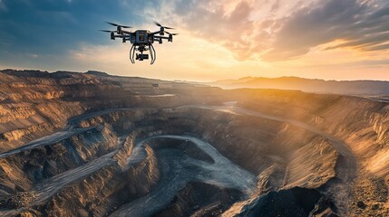 Drone Aerial Survey of Open-Pit Mine at Sunset