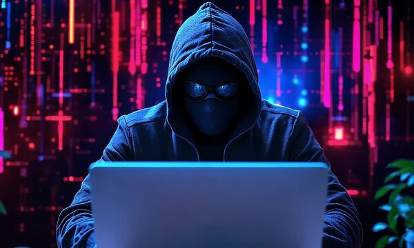 Cyberpunk Hacker Working on Laptop with Red and Blue Neon Background