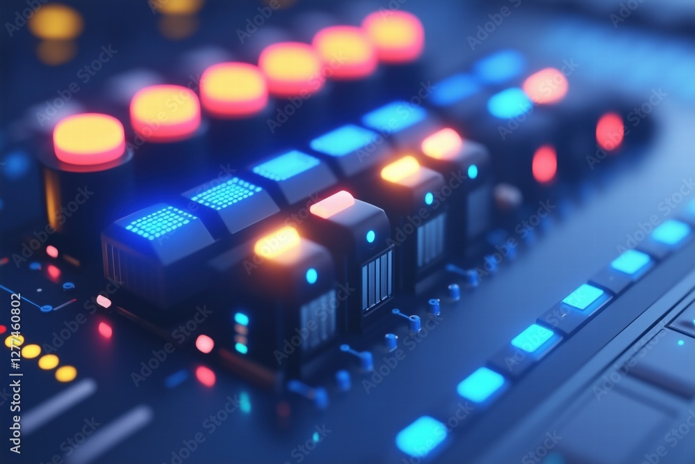 Aufkleber close-up of a digital audio mixing console with colorful illuminated buttons and sliders, showcasing