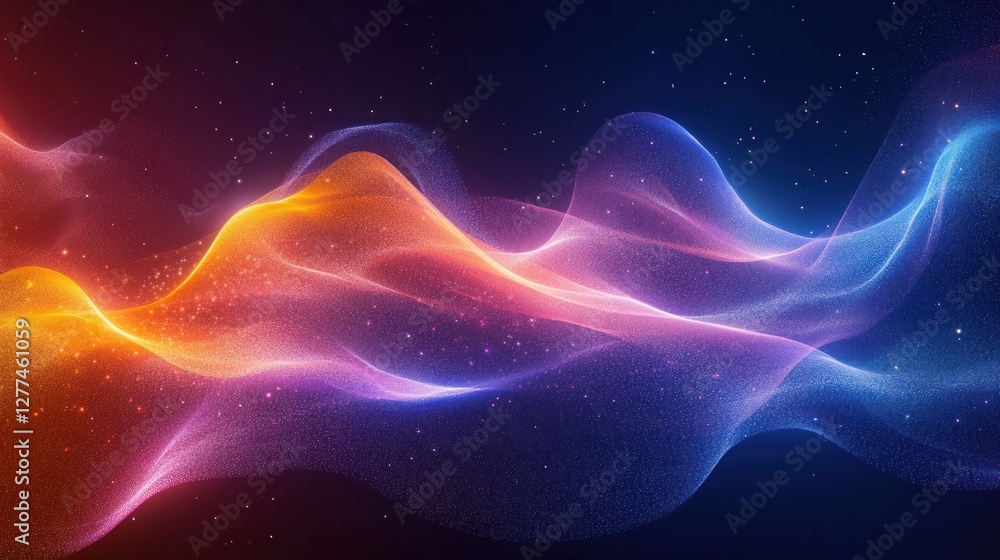 Poster abstract colorful wave background with glowing particles.