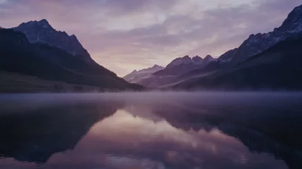 Gardinen Video generation of a serene lake surrounded by mountains at dawn. Featuring peace and nature © Taina