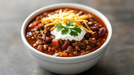Fototapeta premium A bowl of spicy chili con carne with sour cream and cheese