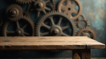 Fototapeta premium Rustic Wooden Tabletop Display Against a Background of Interlocking Metal Gears Featuring Industrial Design Elements