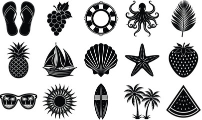 Black and White Summer Beach Icons Vector Illustrations of Vacation, Travel, and Relaxation