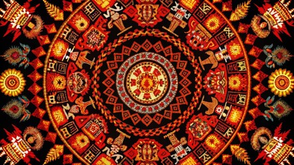 Obraz premium Circular Mandala Red and Gold Textile Design, Abstract Art, Symmetrical Composition, Ethnic Pattern mandala art, textile design