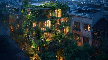Urban vertical garden, night view, sustainable architecture, city living, night scene