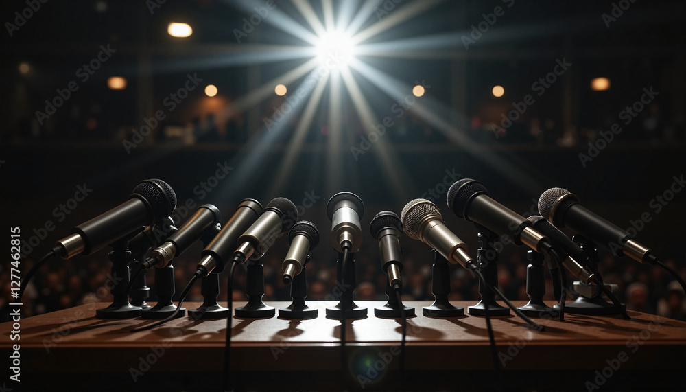 Wall mural Vintage microphones illuminated by spotlight on podium, political discourse