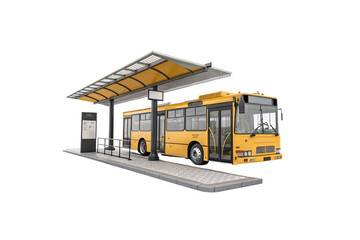 Fototapeta premium A modern yellow city bus parked at a sleek, well-maintained bus stop, featuring a digital schedule, waiting area, and canopy, isolated on a transparent background