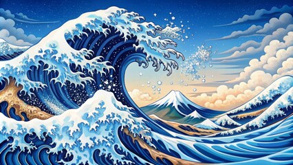 Digital Art Great Wave off Kanagawa, Blue Hues, Starry Sky, Mt.Fuji, Ukiyo-e Style, Waves, Ocean Ukiyo-e