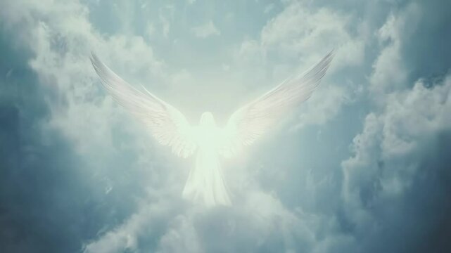 Glowing angel silhouette in bright clouds with divine light. Religious spiritual background for Easter, Christmas, All Saints Day. Faith and hope concept