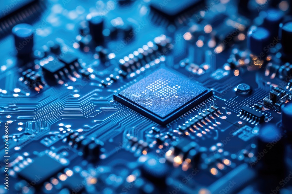 Poster Close-up of a blue circuit board with a microchip and glowing circuits, symbolizing advanced technology and computing. Ideal for AI, data processing, and innovation concepts