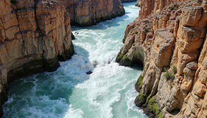 Obraz premium Dramatic river canyon with swirling rapids, natural majesty