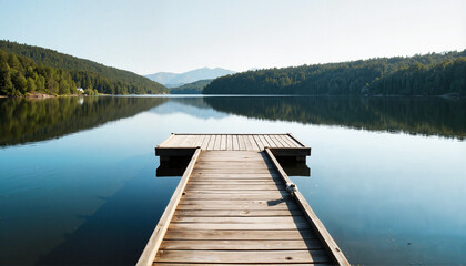 Tranquil wooden dock overlooking serene lake, nature's reflection