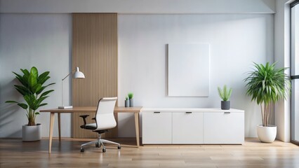 Fototapeta premium Minimalist Home Office Design Wooden Desk, White Cabinet, Mockup Poster, Plants, Light Wood Floor. Office Design, Interior Design