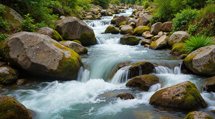 Fototapeta premium Pristine alpine stream flowing over moss-covered rocks, nature's beauty