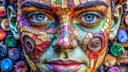 Mosaic Face Art Close-up Portrait, Colorful Makeup, Artistic Concept, Face Paint, Body Art Face Painting, Body Art