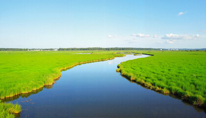 Winding river delta reflecting sky in vibrant wetlands, nature's beauty