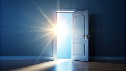 Open Door to Sunlight 3D Render, Blue Room, Hope Concept, Light Rays Keywords hope, new beginnings