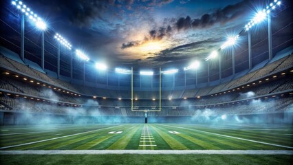 Night Football Stadium Wide Angle Composition, Dramatic Sky, Empty Field, American Football, Stadium Lights American Football, Night Game