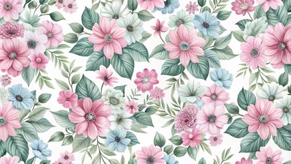Pastel Floral Seamless Pattern Watercolor Pink, Blue Flowers, Green Leaves, Botanical Illustration, White Background Floral Pattern, Watercolor Flowers