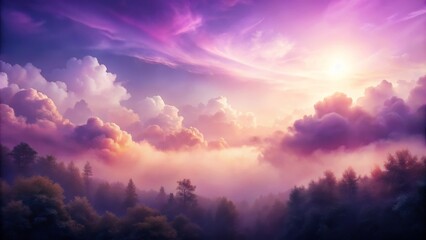 Fototapeta premium Purple Haze Sunrise Misty Forest, Colorful Cloudscape, Digital Art, Fantasy Landscape, Dreamy Atmosphere Keywords Digital Painting, Surrealism