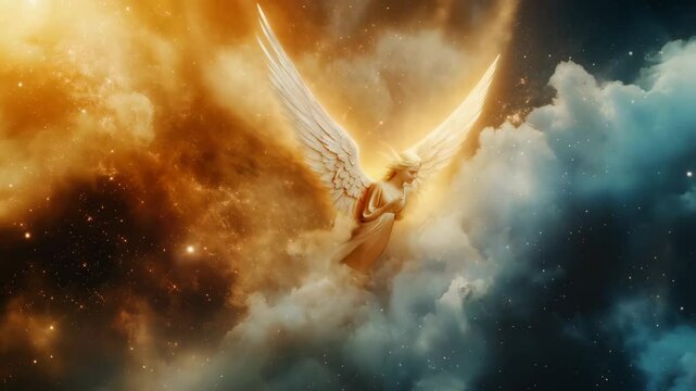 Angel with glowing wings soaring through dramatic orange and blue clouds. Divine spiritual art for Christmas, Easter and Michaelmas celebrations. Heavenly concept. Vertical video