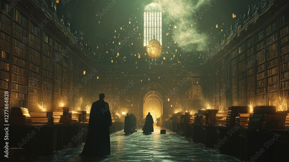 Aufkleber bustling ancient library where scholars read scrolls, and magical texts float from shelf to shelf, g