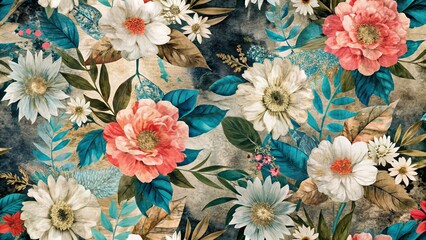 Seamless Teal and Beige Floral Watercolor Print Large Blooms, Lush Foliage, Artistic Composition, Flower Wallpaper Floral Pattern, Botanical Print