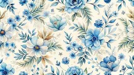 Obraz premium Seamless Watercolor Blue Floral Pattern Botanical Illustration, Cream Background, Vintage Aesthetic, Flower Design Floral Pattern, Watercolor Painting