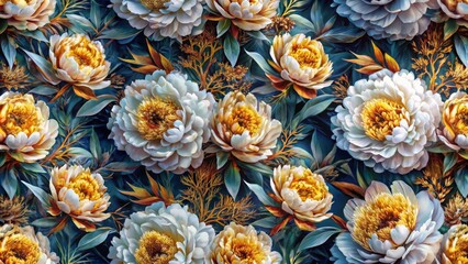 Seamless Peony Floral Pattern White and Gold Blooms on Teal, Digital Painting, Botanical Art Floral Pattern, Peony Art
