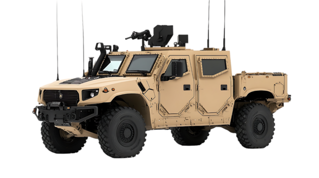 Military vehicle, desert camouflage, stationary. Possible stock photo for military equipment