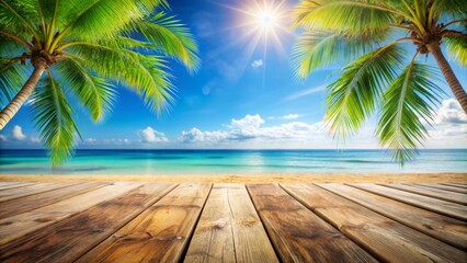 Sunny Beach Wooden Deck Tropical Paradise Composition, Palm Trees, Ocean View, Summer Vacation Beach scene, Tropical landscape