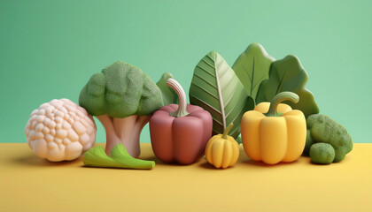 Vegetables Broccoli Cabbage Bell pepper Cauliflower Green leaves arrange on light green background colorful 3D illustration 