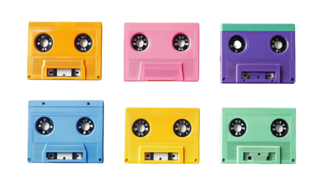 six colorful cassette tapes arranged in two rows. showcasing vibrant hues of orange. pink. purple. yellow. and green the tapes represent nostalgia and the music culture of the past. highlighting their