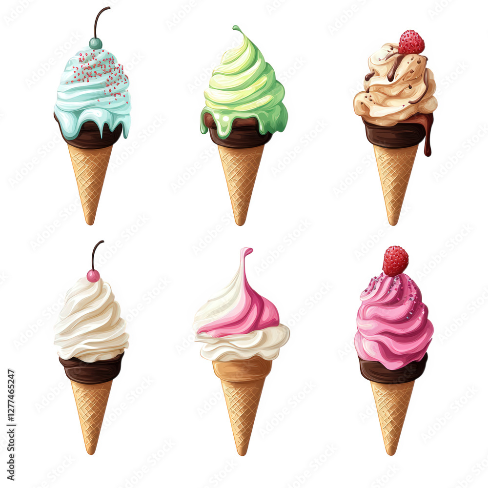 Poster six colorful ice cream cones. each with different flavors and toppings. arranged in a visually appea