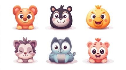 Cute cartoon animal illustrations, set of six adorable, stylized animal characters, including bear, duck, cat, and wolf, with big eyes and expressions.