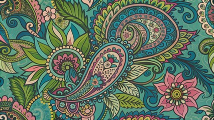 Teal and Pink Paisley Floral Composition Intricate Digital Painting, Paisley Pattern, Floral Design Paisley, Floral Art