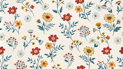 Vintage Floral Pattern Teal Leaves, Red and Yellow Blooms, Seamless Repeat, Floral Textile Design Floral Pattern,Textile Design