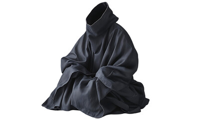 Naklejka premium Abstract sculpture of a seated figure, draped in dark fabric, studio setting. Possible use Contemporary art, design inspiration