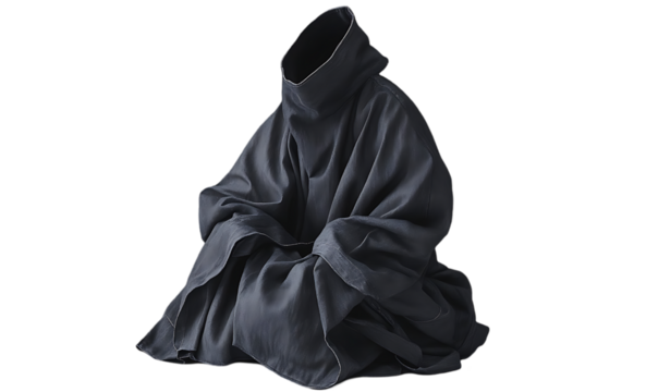 Abstract sculpture of a seated figure, draped in dark fabric, studio setting.  Possible use Contemporary art, design inspiration